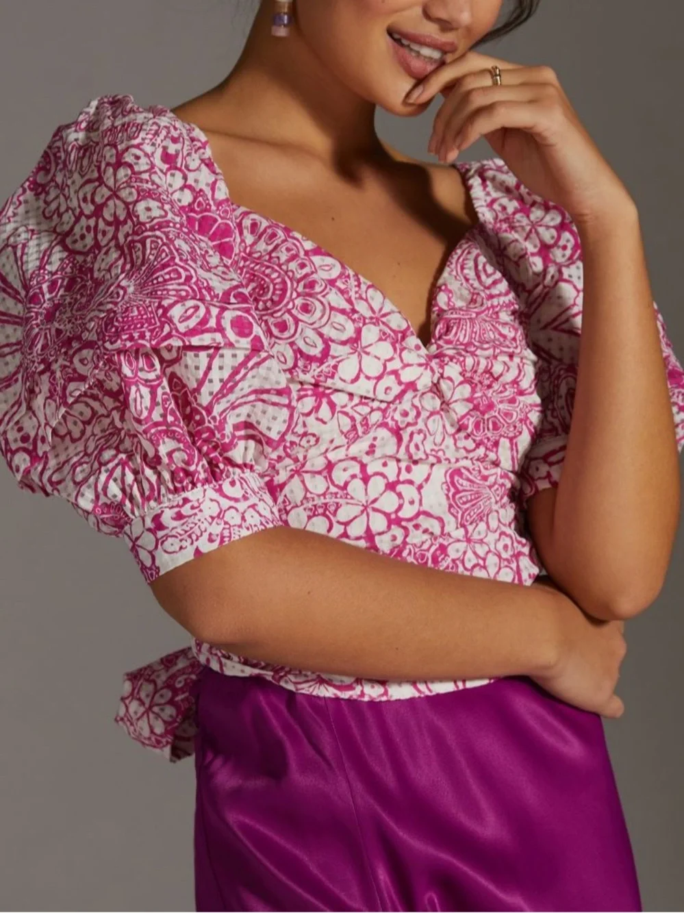 Anthropologie Maeve Pink & White Floral Puff-Sleeve Tie-Back Crop Blouse Top